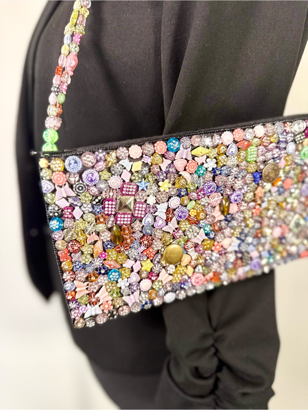 Hand Beaded Shoulder Bag Colorful Maximalist Statement Purse Zip Top